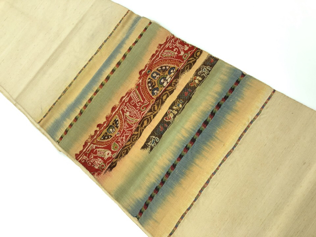 アンティーク　手織り紬横段に抽象模様織出し名古屋帯